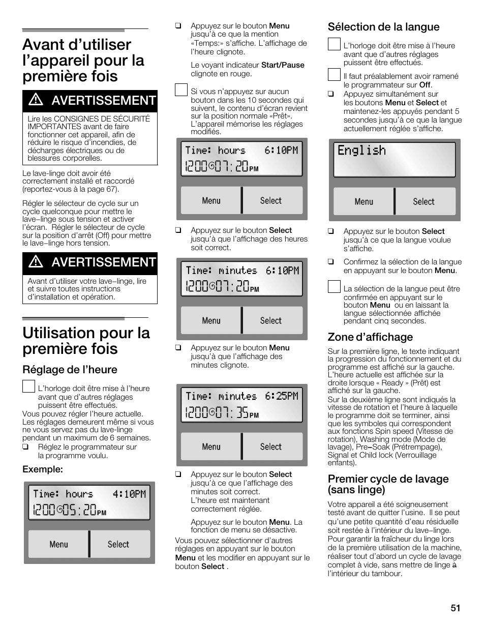 Utilisation pour la première fois, Avertissement, Réglage de l'heure | Sélection de la langue, Zone d'affichage, Premier cycle de lavage (sans linge) | Univex Aquastop 800 series User Manual | Page 51 / 108