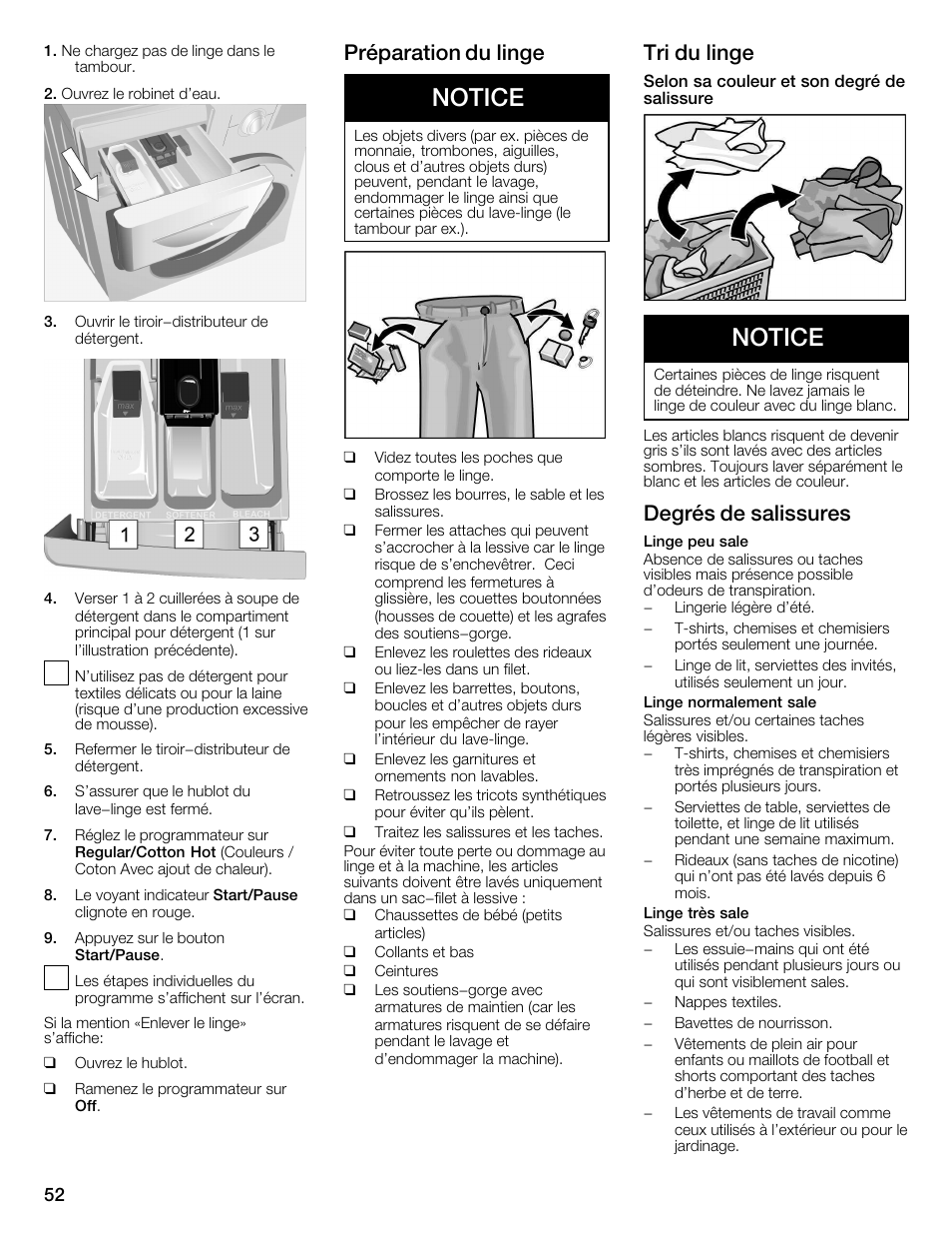 Notice, Préparation du linge, Tri du linge | Degrés de salissures | Univex Aquastop 800 series User Manual | Page 52 / 108