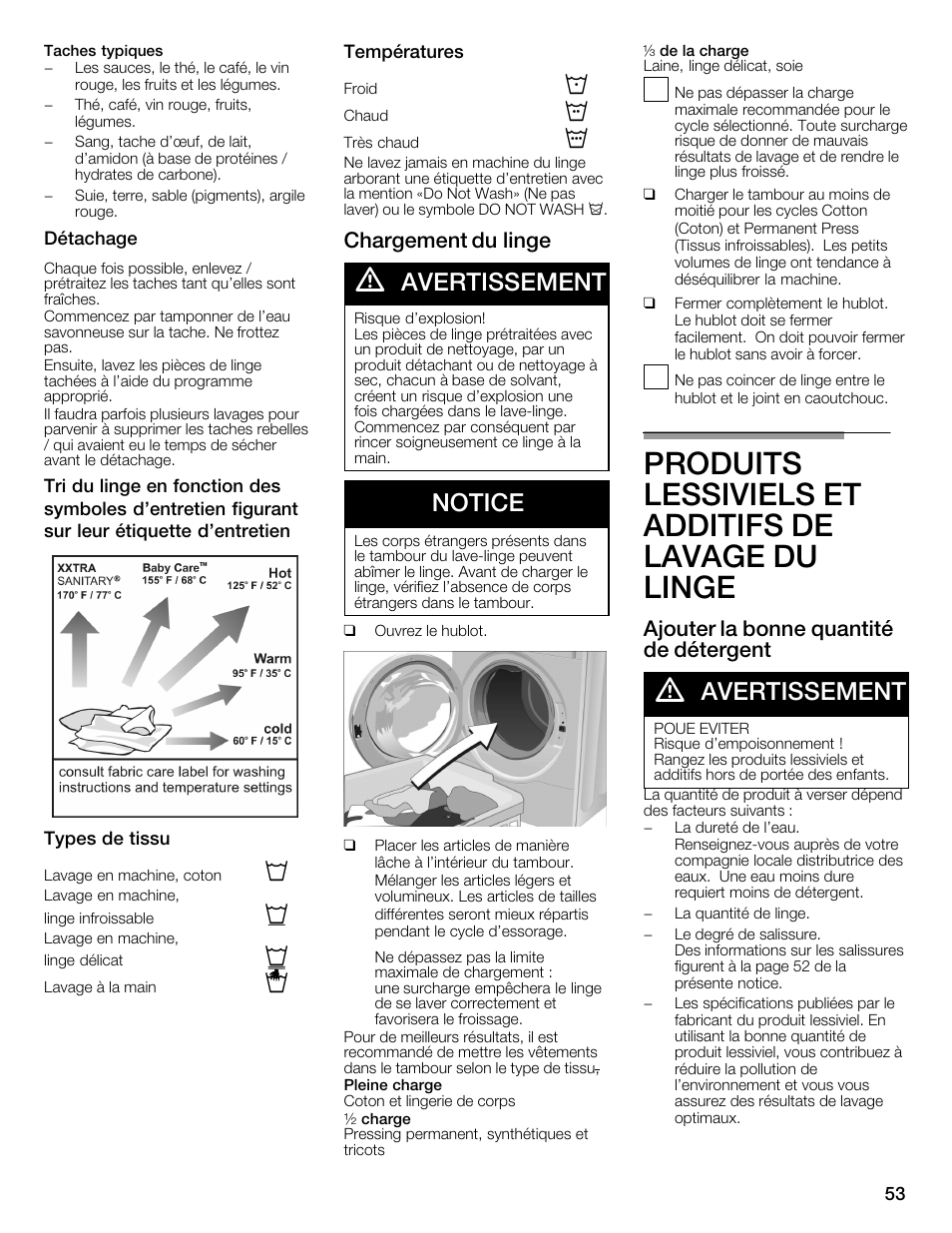 Produits lessiviels et additifs de lavage du linge, Avertissement, Notice | Chargement du linge, Ajouter la bonne quantité de détergent | Univex Aquastop 800 series User Manual | Page 53 / 108