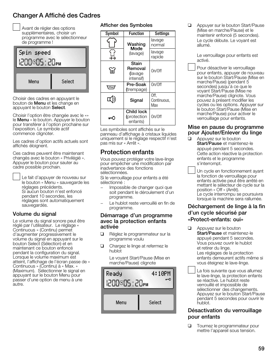 Changer a affiché des cadres, Protection enfants | Univex Aquastop 800 series User Manual | Page 59 / 108