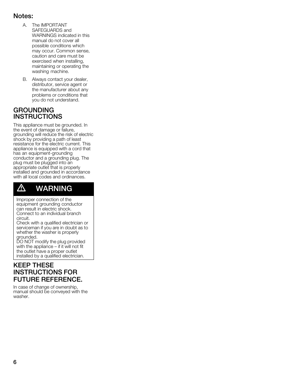 Warning, Grounding instructions, Keep these instructions for future reference | Univex Aquastop 800 series User Manual | Page 6 / 108