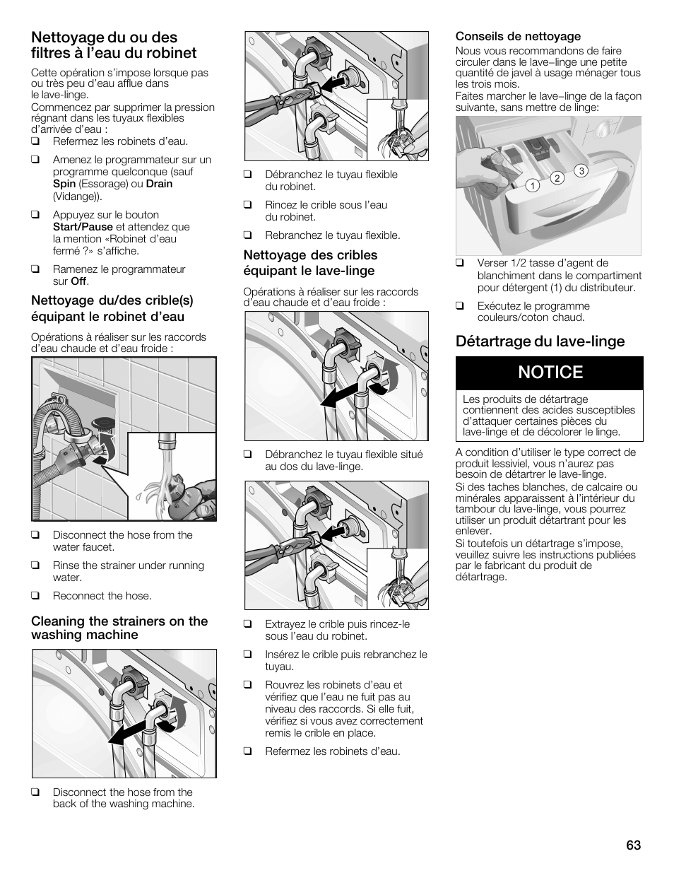 Notice, Nettoyage du ou des filtres à l'eau du robinet, Détartrage du lavećlinge | Univex Aquastop 800 series User Manual | Page 63 / 108