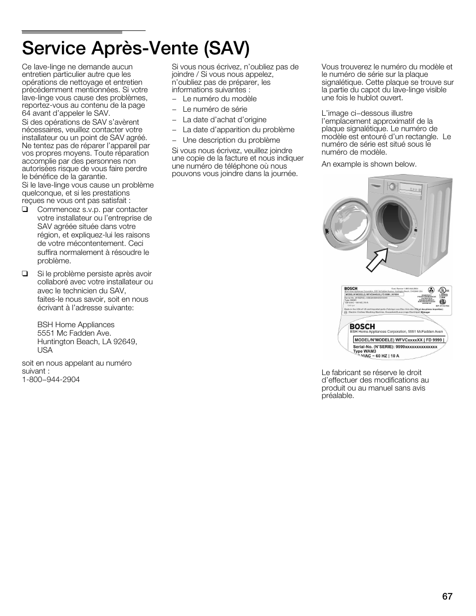 Service aprèsćvente (sav) | Univex Aquastop 800 series User Manual | Page 67 / 108