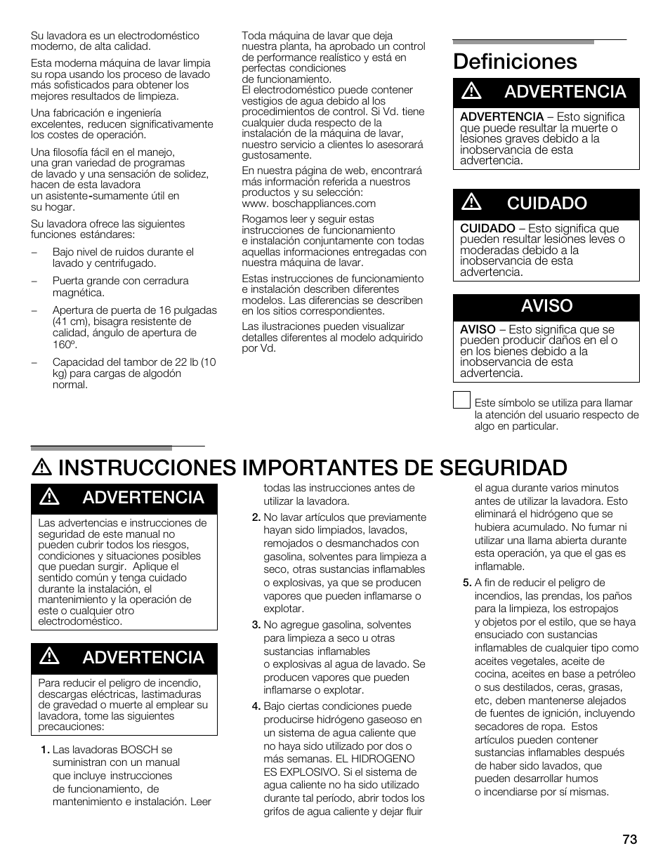 Definiciones d, D instrucciones importantes deăseguridad d, Advertencia | Cuidado, Aviso | Univex Aquastop 800 series User Manual | Page 73 / 108