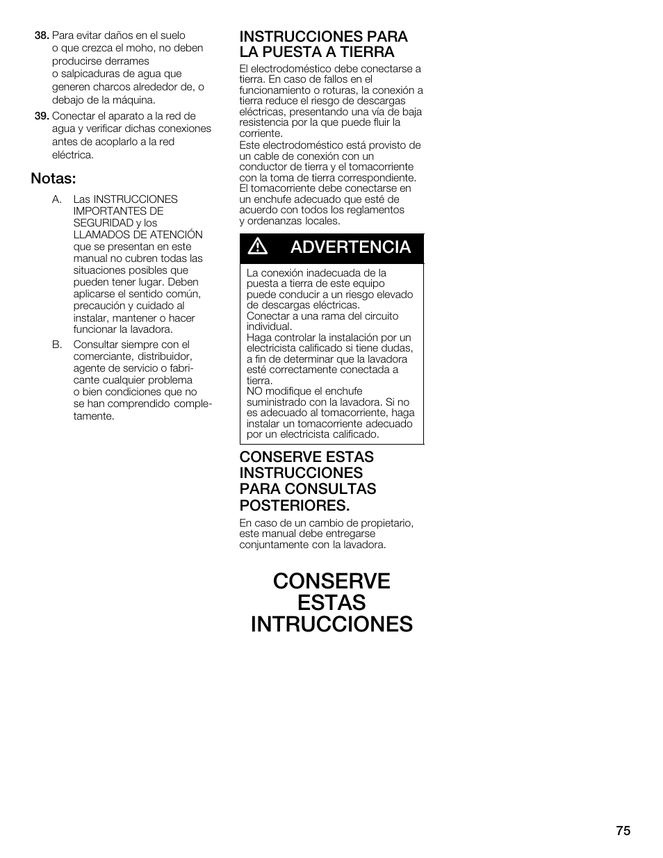 Conserve estas intrucciones, Advertencia, Notas | Instrucciones para la puesta aătierra | Univex Aquastop 800 series User Manual | Page 75 / 108