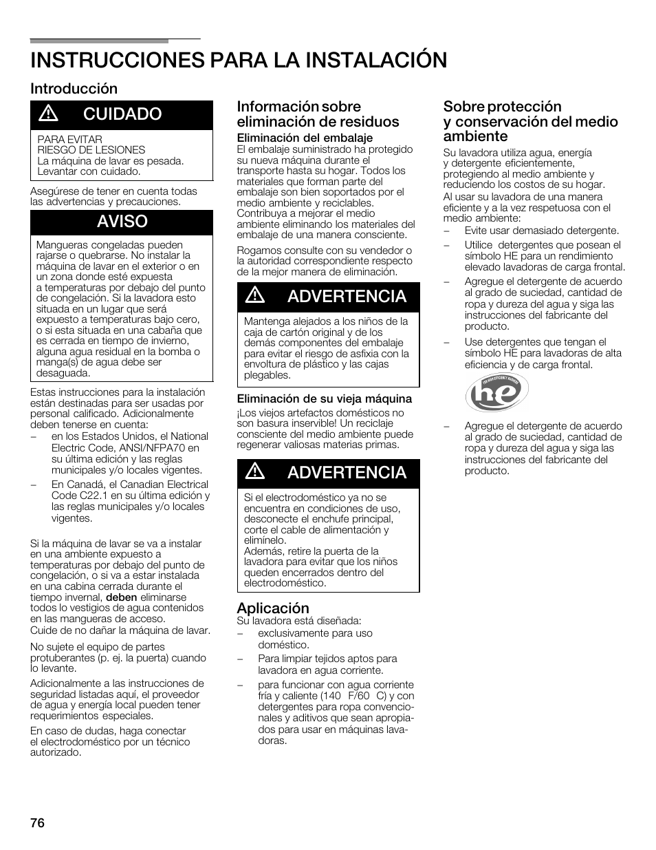 Instrucciones para la instalación, Cuidado, Aviso | Advertencia, Introducción, Información sobre eliminación de residuos, Aplicación, Sobre protección yăconservación del medio ambiente | Univex Aquastop 800 series User Manual | Page 76 / 108