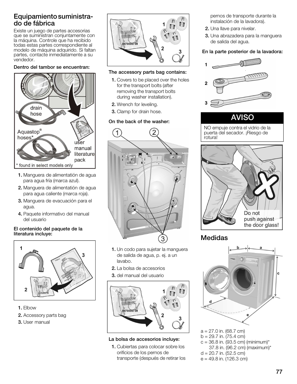 Aviso, Equipamiento suministrać do de fábrica, Medidas | Univex Aquastop 800 series User Manual | Page 77 / 108