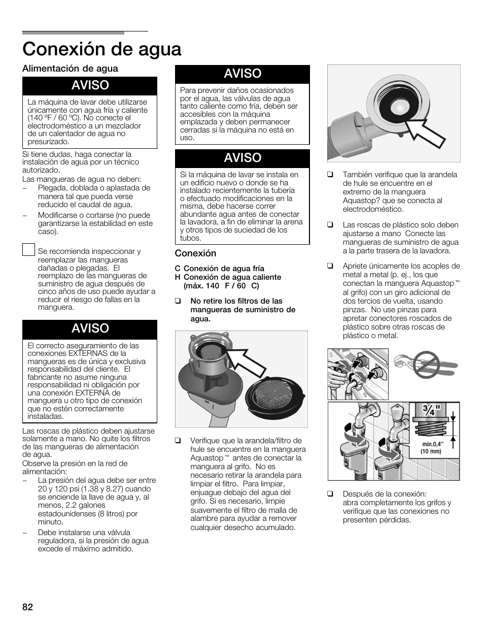 Conexión de agua, Aviso | Univex Aquastop 800 series User Manual | Page 82 / 108
