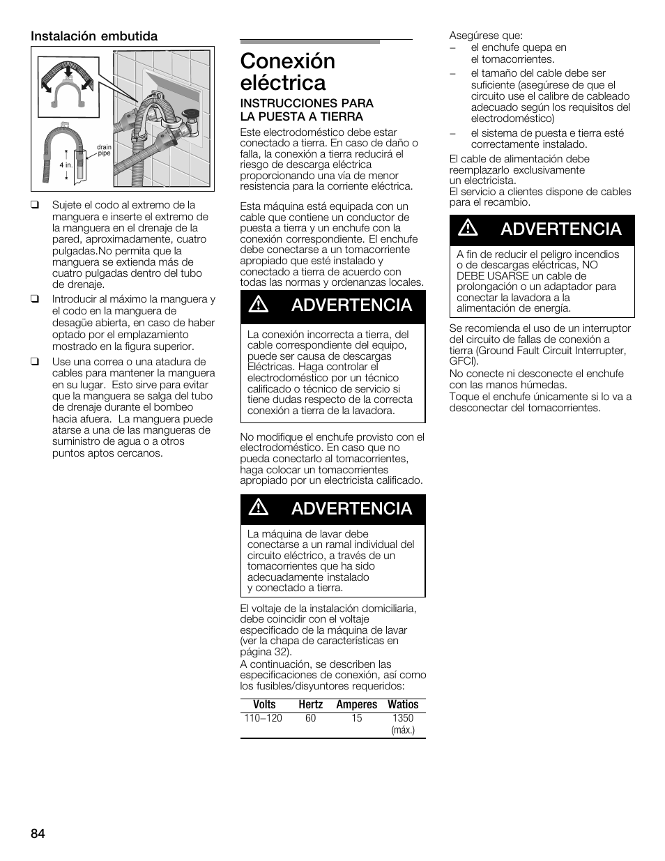 Conexión eléctrica, Advertencia | Univex Aquastop 800 series User Manual | Page 84 / 108