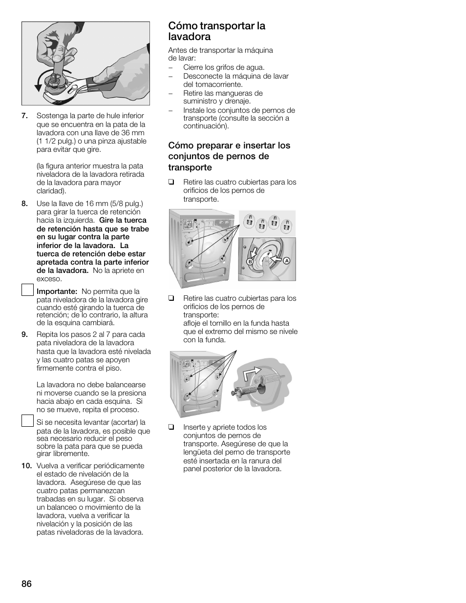 Cómo transportar la lavadora | Univex Aquastop 800 series User Manual | Page 86 / 108