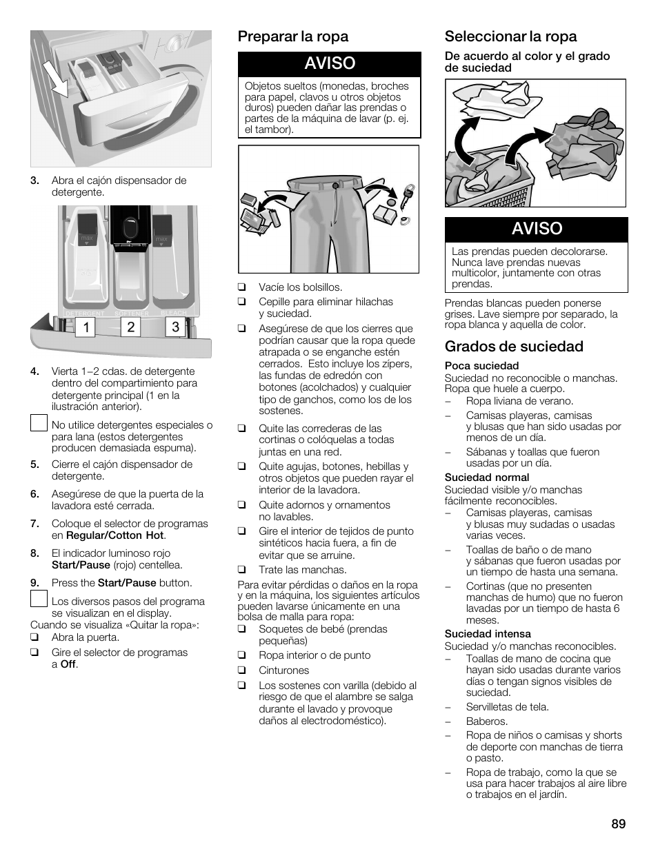 Aviso, Preparar la ropa, Seleccionar la ropa | Grados de suciedad | Univex Aquastop 800 series User Manual | Page 89 / 108