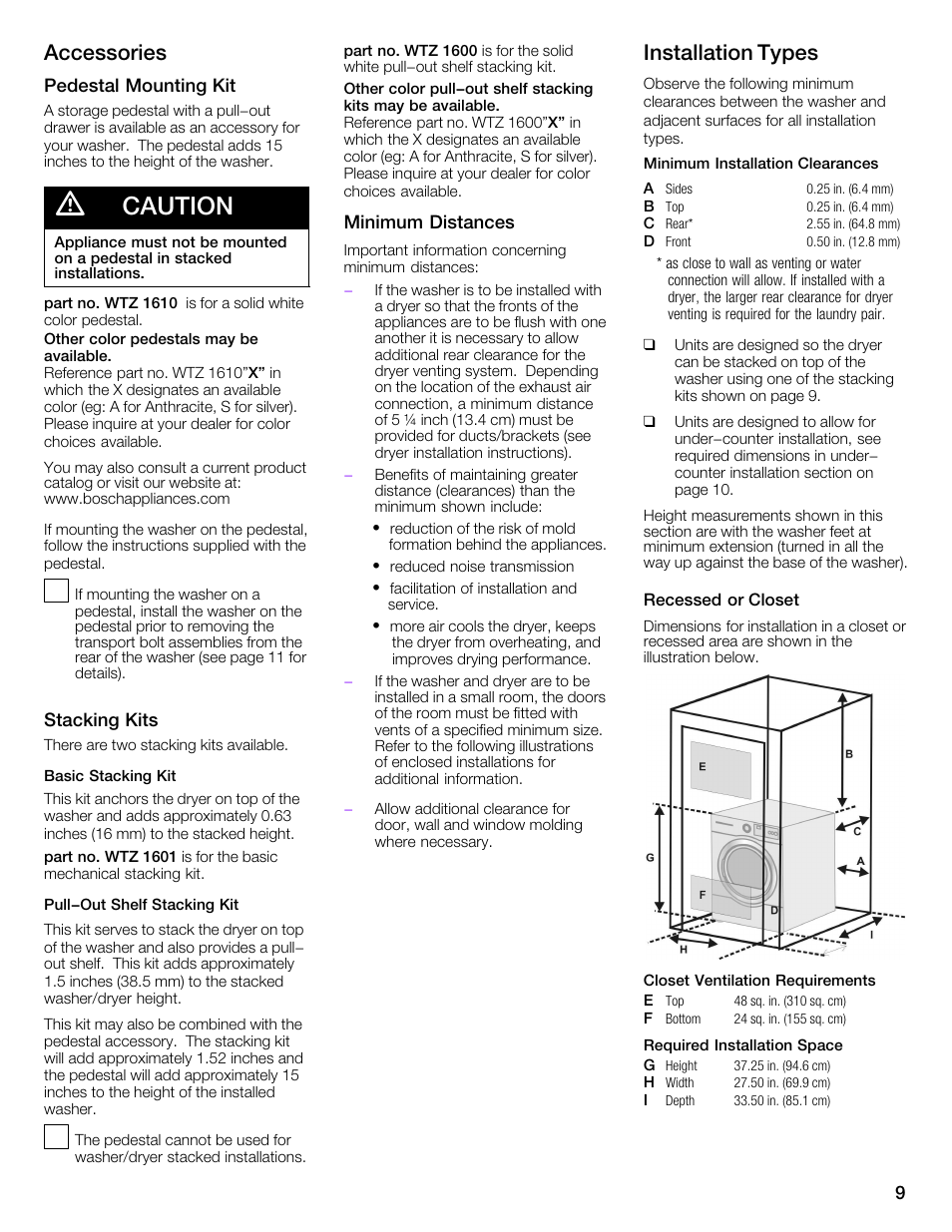 Caution, Accessories, Installation types | Univex Aquastop 800 series User Manual | Page 9 / 108