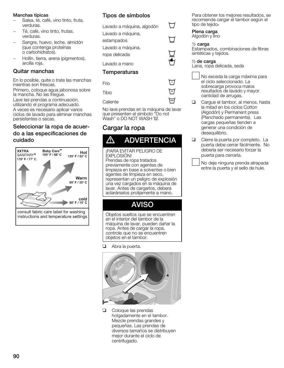 Advertencia, Aviso, Cargar la ropa | Univex Aquastop 800 series User Manual | Page 90 / 108