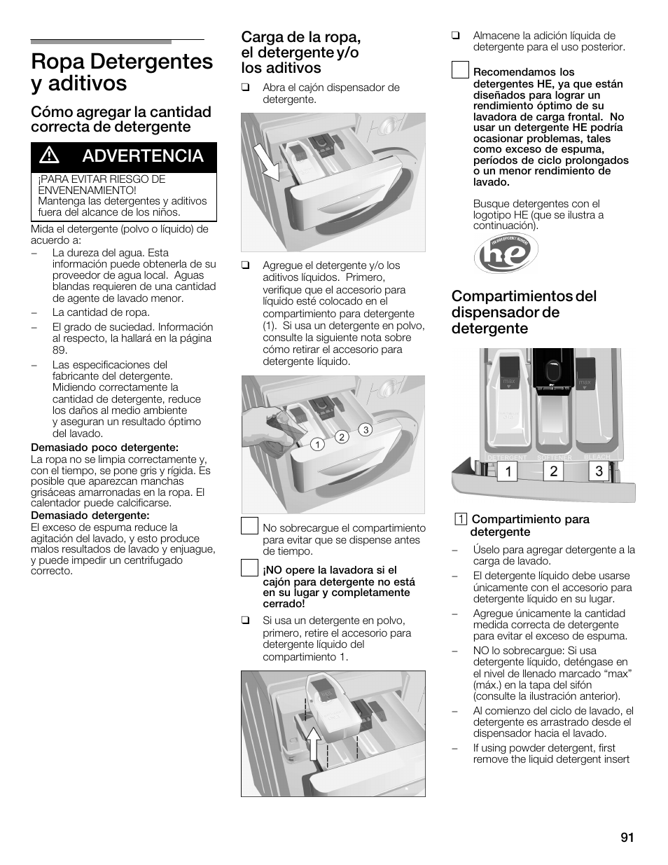 Ropa detergentes yăaditivos, Advertencia, Cómo agregar la cantidad correcta de detergente | Carga de la ropa, elădetergente y/o losăaditivos, Compartimientos del dispensador de detergente | Univex Aquastop 800 series User Manual | Page 91 / 108