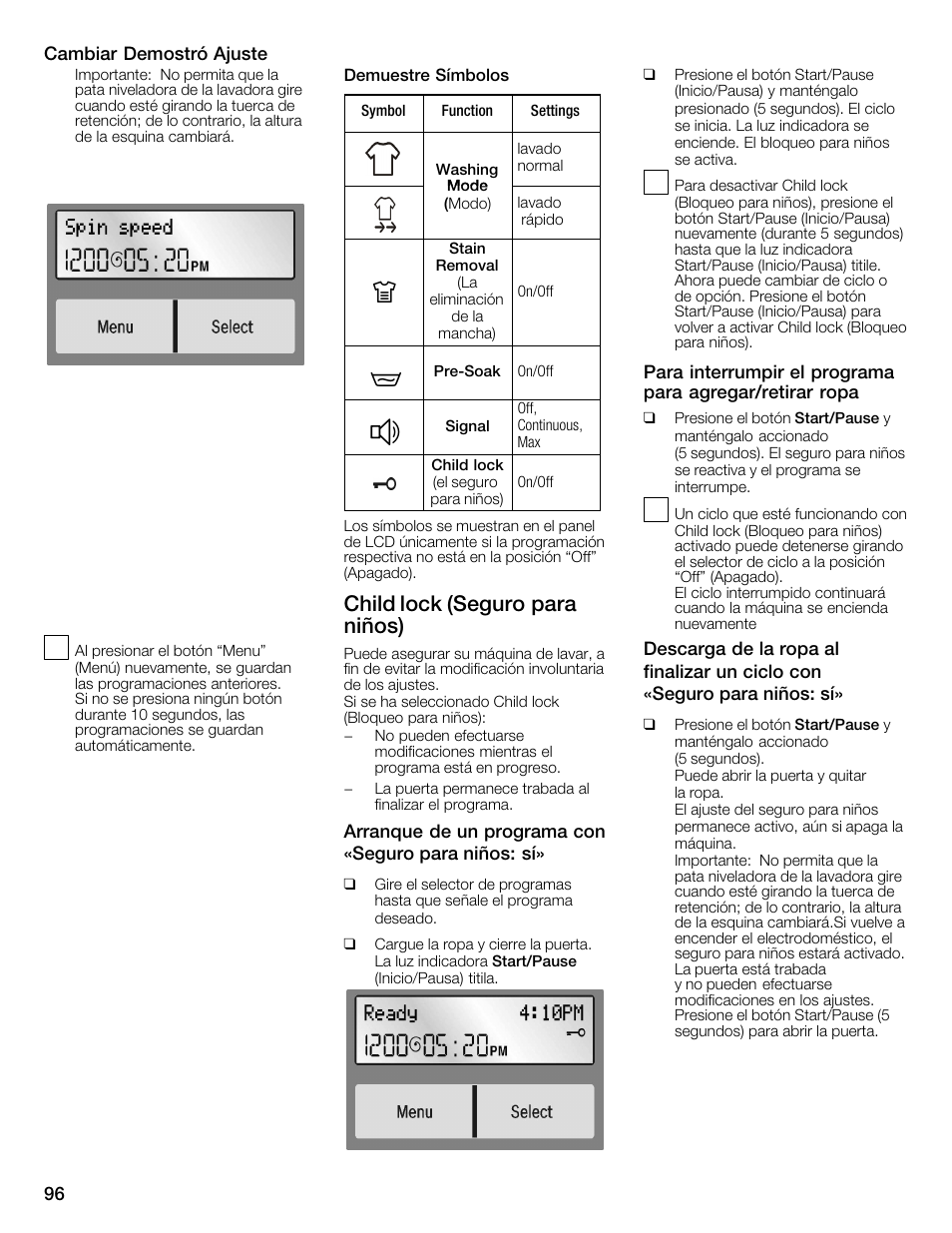 Child lock (seguro para niños) | Univex Aquastop 800 series User Manual | Page 96 / 108