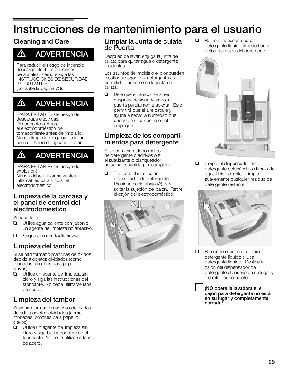 Instrucciones de mantenimiento para el usuario, Advertencia, Cleaning and care | Limpieza del tambor, Limpiar la junta de culata de puerta, Limpieza de los compartić mientos para detergente | Univex Aquastop 800 series User Manual | Page 99 / 108