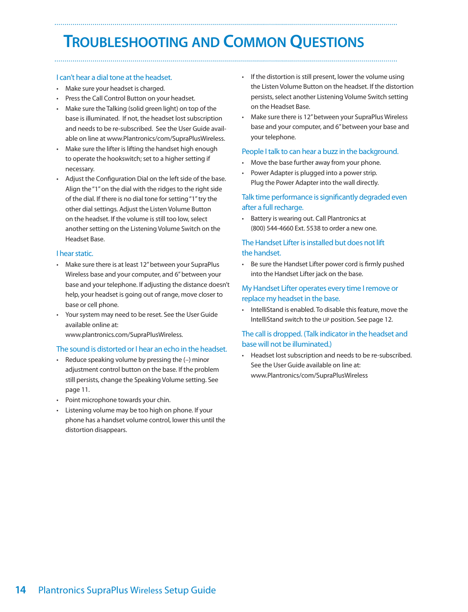 Roubleshooting, Ommon, Uestions | Univex SupraPlus Wireless Headset System User Manual | Page 14 / 16
