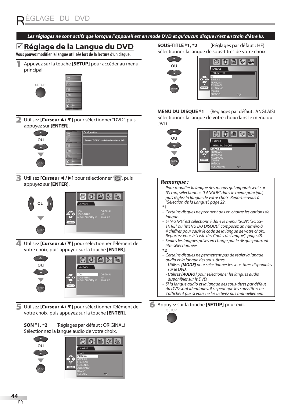 Églage du dvd, Réglage de la langue du dvd, Remarque | Univex LD190SS1 User Manual | Page 101 / 166