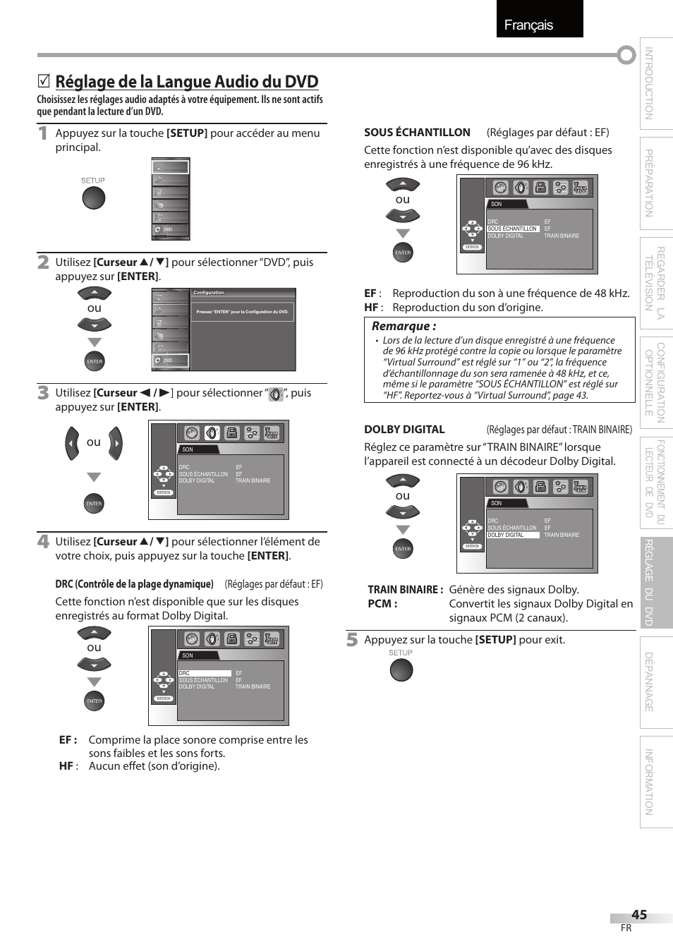 Français, Réglage de la langue audio du dvd, Remarque | Univex LD190SS1 User Manual | Page 102 / 166