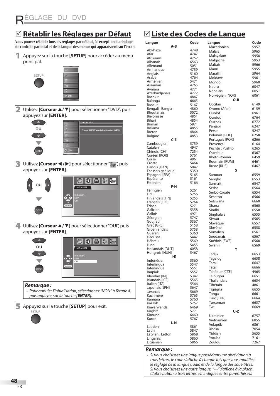 Églage du dvd, Liste des codes de langue, Rétablir les réglages par défaut | Remarque | Univex LD190SS1 User Manual | Page 105 / 166
