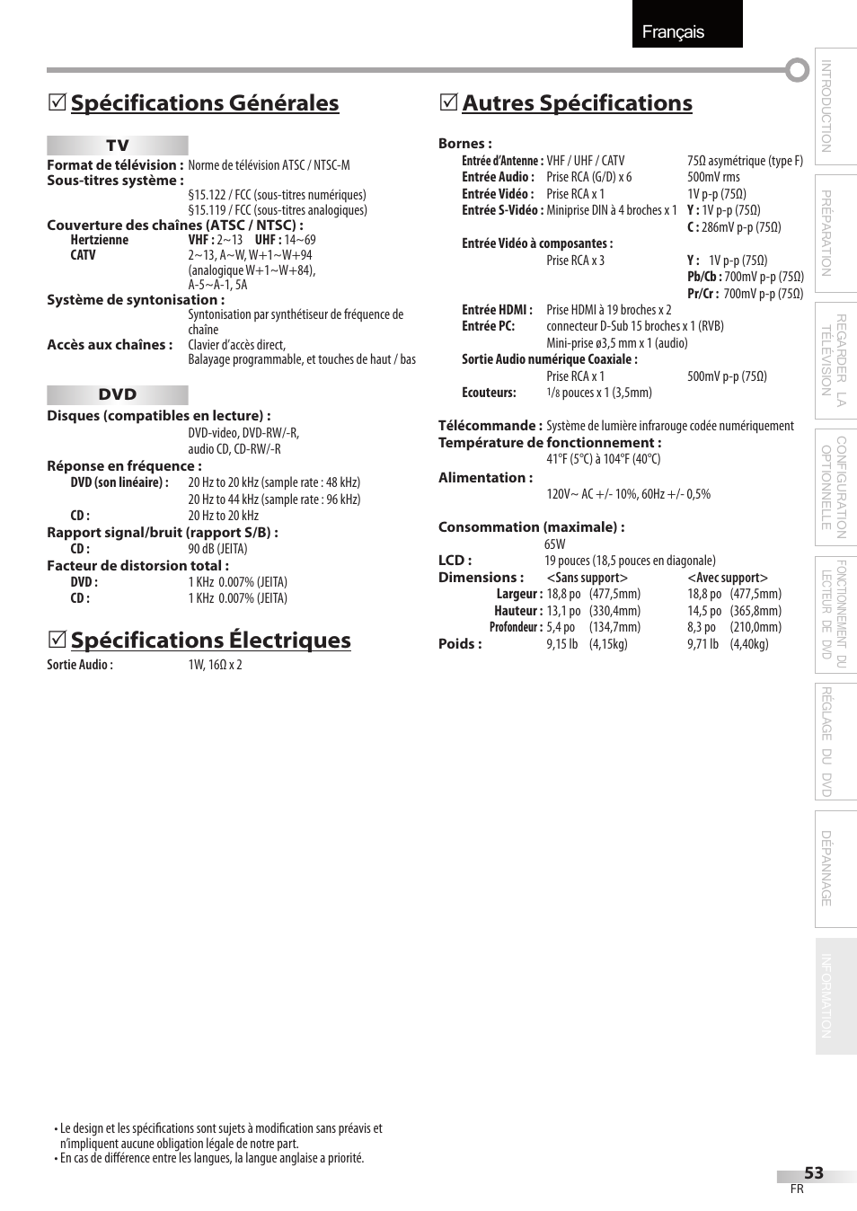 Français, Spécifications générales, Spécifications électriques | Autres spécifications | Univex LD190SS1 User Manual | Page 110 / 166