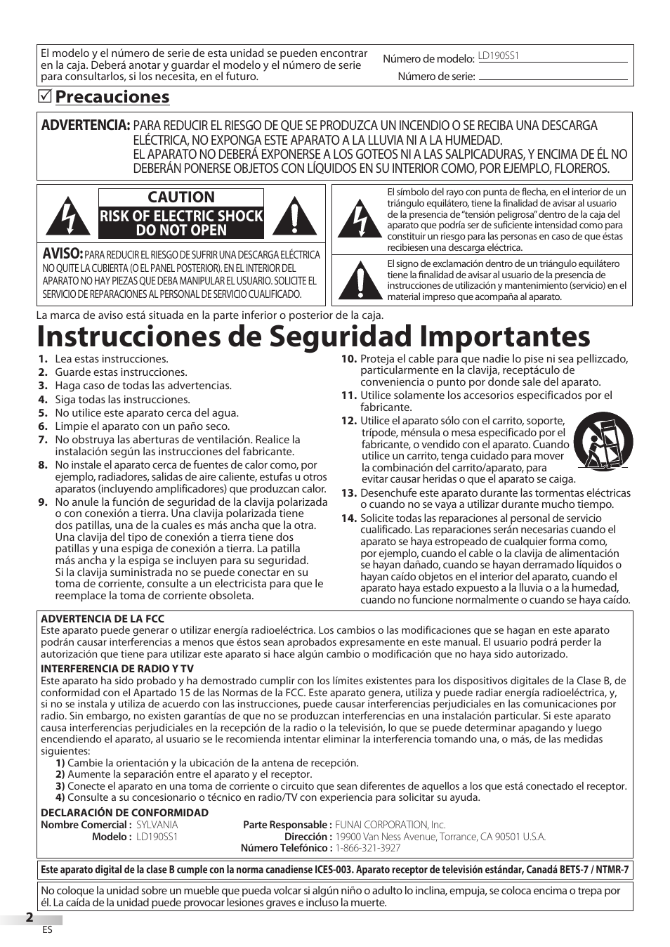 Instrucciones de seguridad importantes, Precauciones, Aviso | Caution risk of electric shock do not open, Advertencia | Univex LD190SS1 User Manual | Page 114 / 166