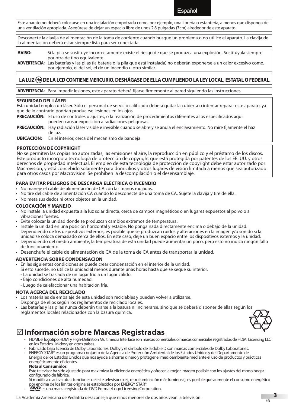 English español français, Información sobre marcas registradas | Univex LD190SS1 User Manual | Page 115 / 166