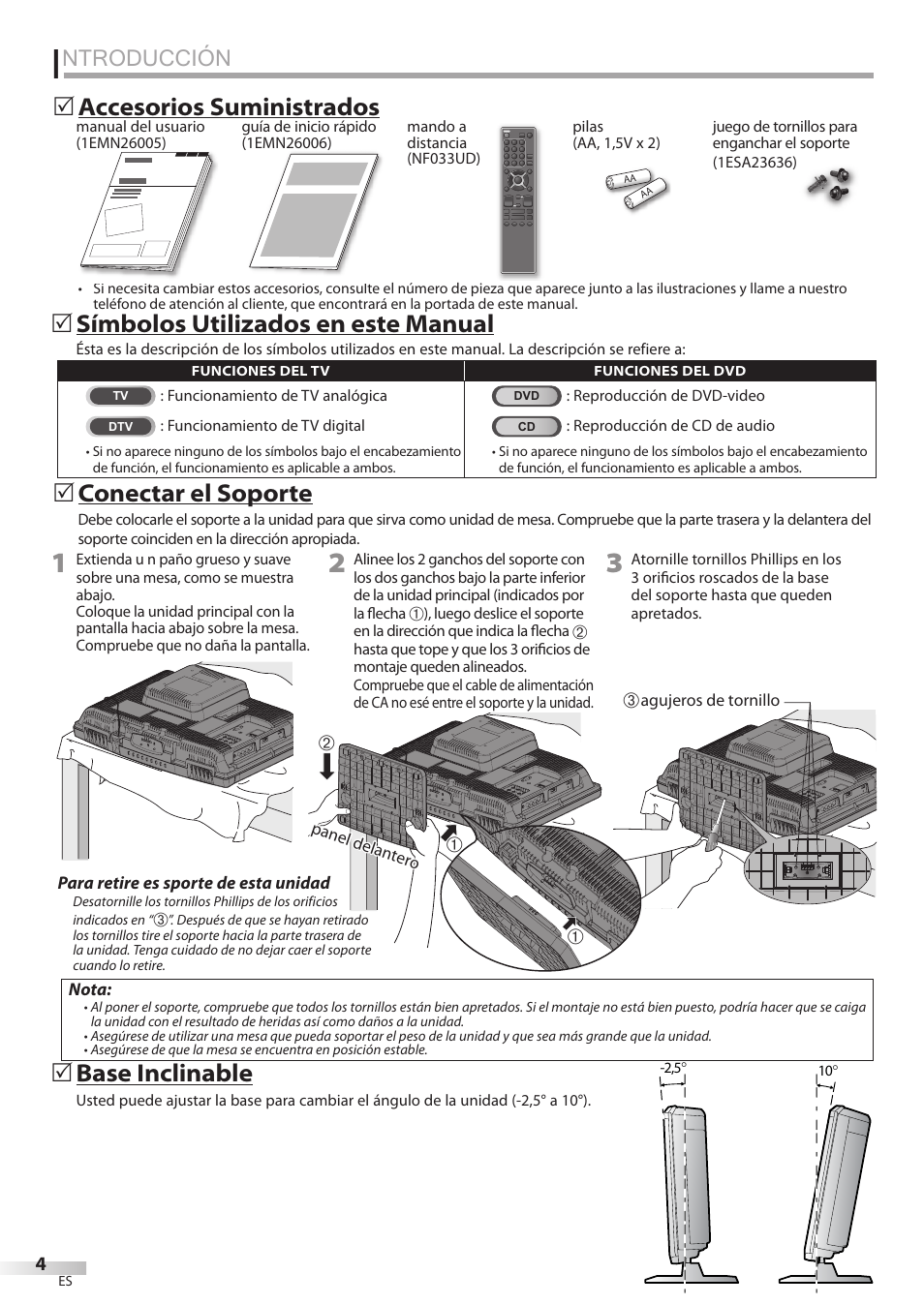 Ntroducción, Conectar el soporte, Símbolos utilizados en este manual | Accesorios suministrados, Base inclinable | Univex LD190SS1 User Manual | Page 116 / 166