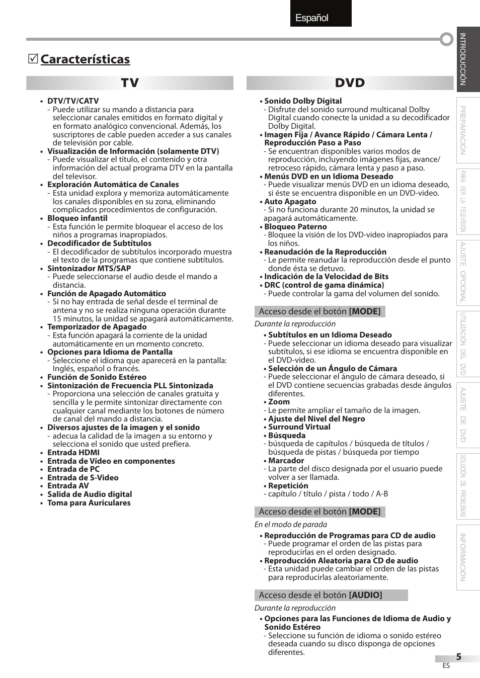 English español français, Características tv dvd | Univex LD190SS1 User Manual | Page 117 / 166