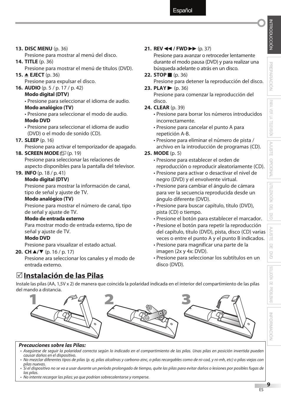 English español français, Instalación de las pilas | Univex LD190SS1 User Manual | Page 121 / 166