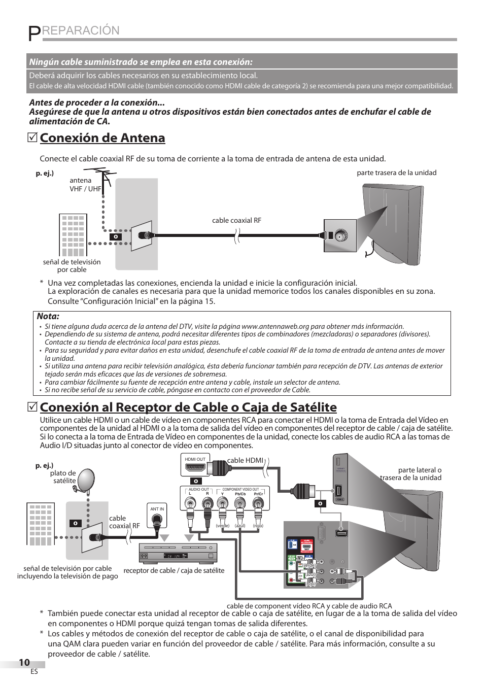 Reparación, Conexión de antena, Conexión al receptor de cable o caja de satélite | Nota | Univex LD190SS1 User Manual | Page 122 / 166