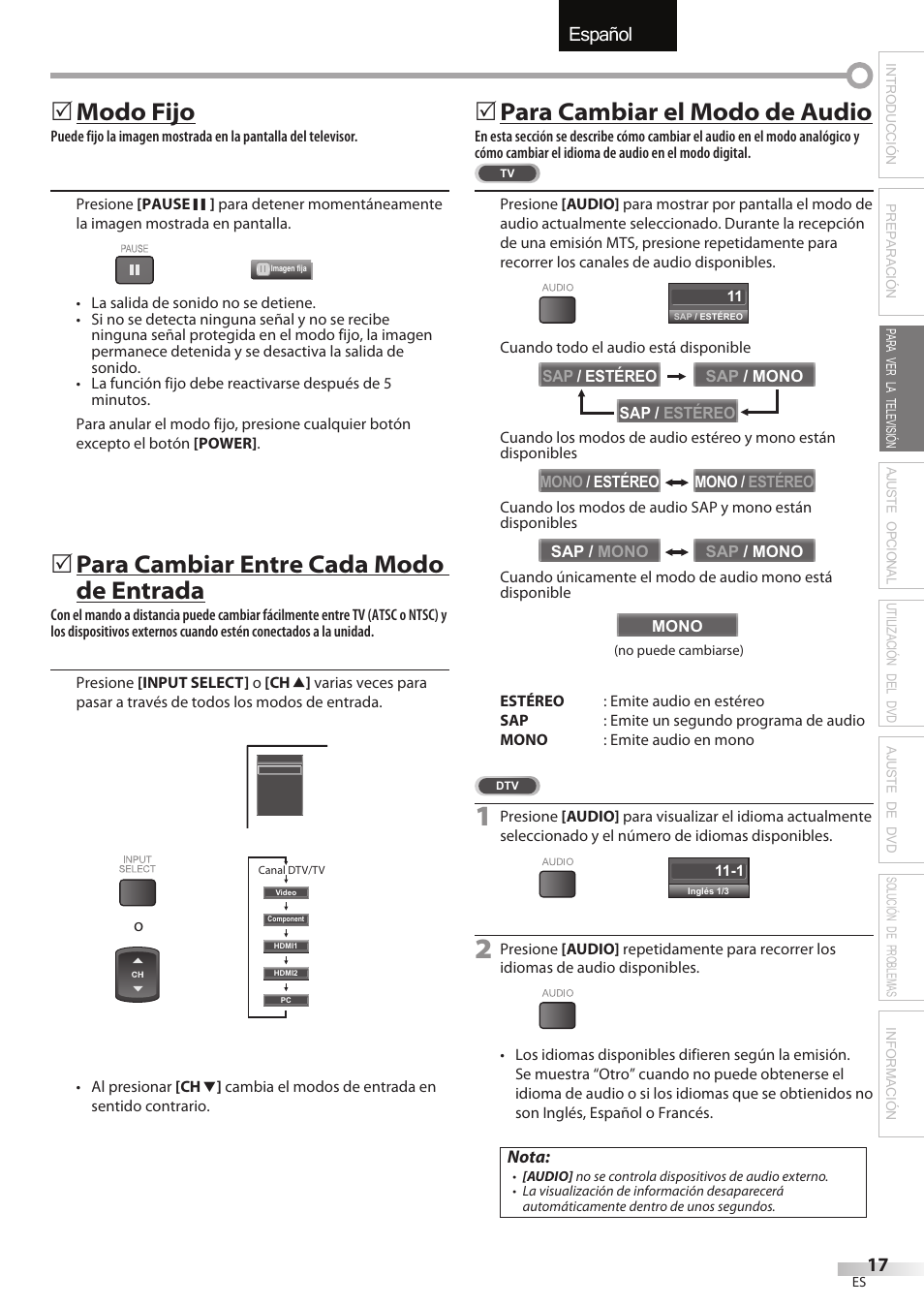 English español français, Modo fijo, Para cambiar entre cada modo de entrada | Para cambiar el modo de audio | Univex LD190SS1 User Manual | Page 129 / 166