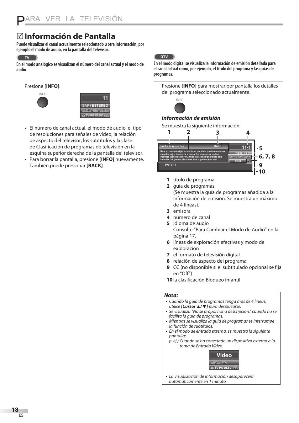 Ara ver la televisión, Información de pantalla, Información de emisión | Nota, Video | Univex LD190SS1 User Manual | Page 130 / 166