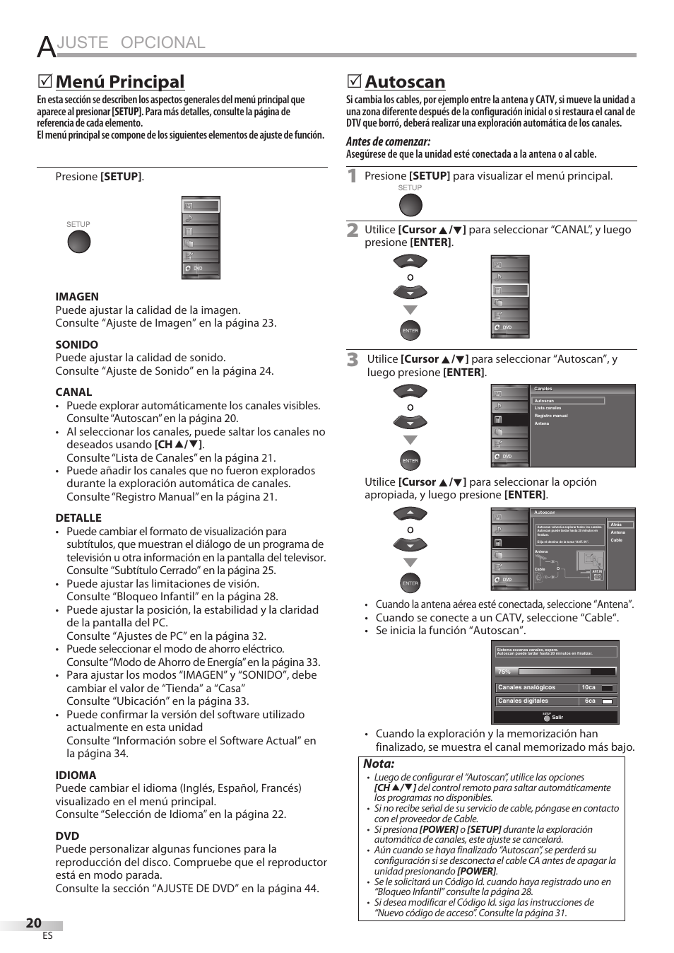 Juste opcional, Menú principal, Autoscan | Antes de comenzar, Nota | Univex LD190SS1 User Manual | Page 132 / 166