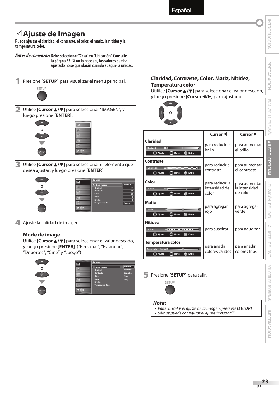 English español français, Ajuste de imagen, Antes de comenzar | Mode de image, Nota, Presione [setup] para visualizar el menú principal, Ajuste la calidad de imagen, Presione [setup] para salir | Univex LD190SS1 User Manual | Page 135 / 166