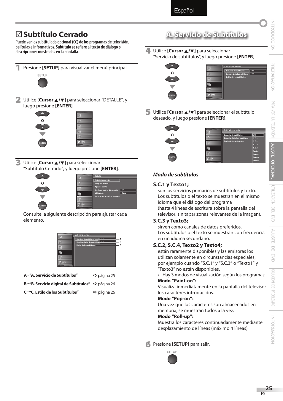 English español français, Subtítulo cerrado, A. servicio de subtítulos | Modo de subtítulos s.c.1 y texto1, S.c.3 y texto3, S.c.2, s.c.4, texto2 y texto4 | Univex LD190SS1 User Manual | Page 137 / 166