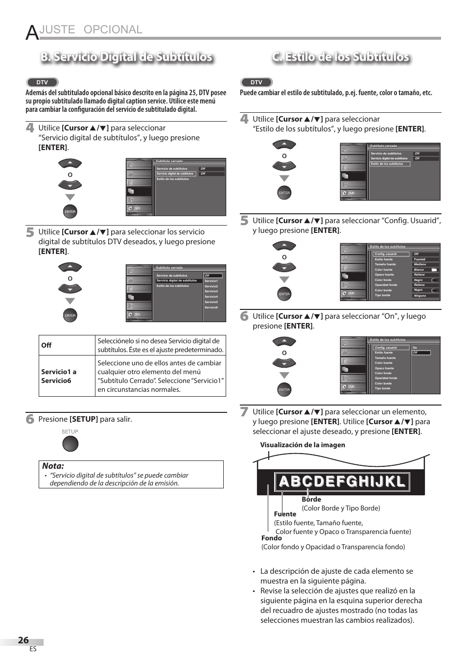 Juste opcional, B. servicio digital de subtítulos, C. estilo de los subtítulos | Nota, Presione [setup] para salir | Univex LD190SS1 User Manual | Page 138 / 166
