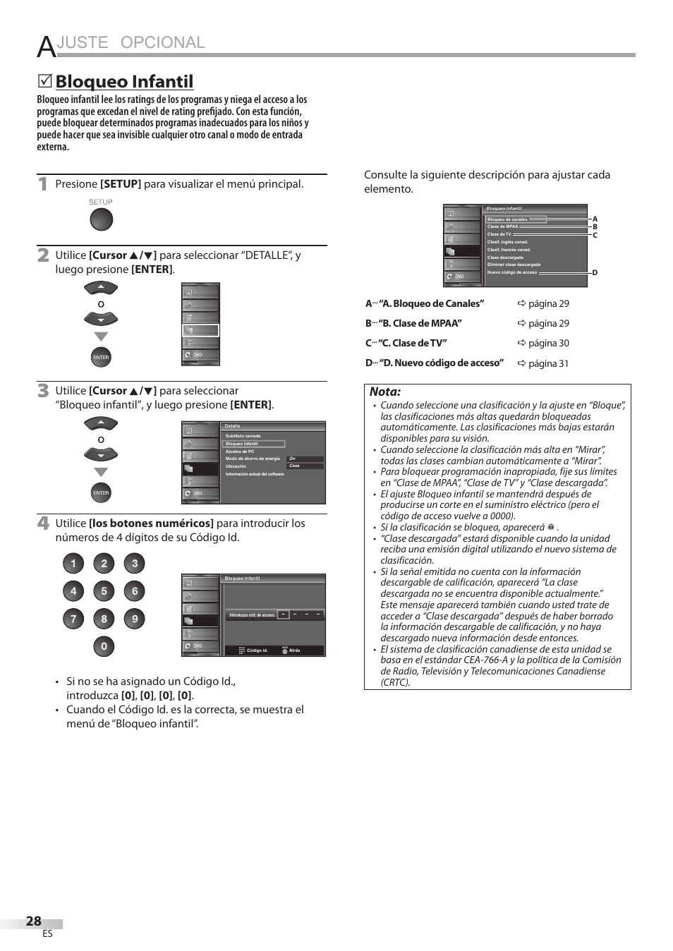 Juste opcional, Bloqueo infantil, Nota | Presione [setup] para visualizar el menú principal | Univex LD190SS1 User Manual | Page 140 / 166