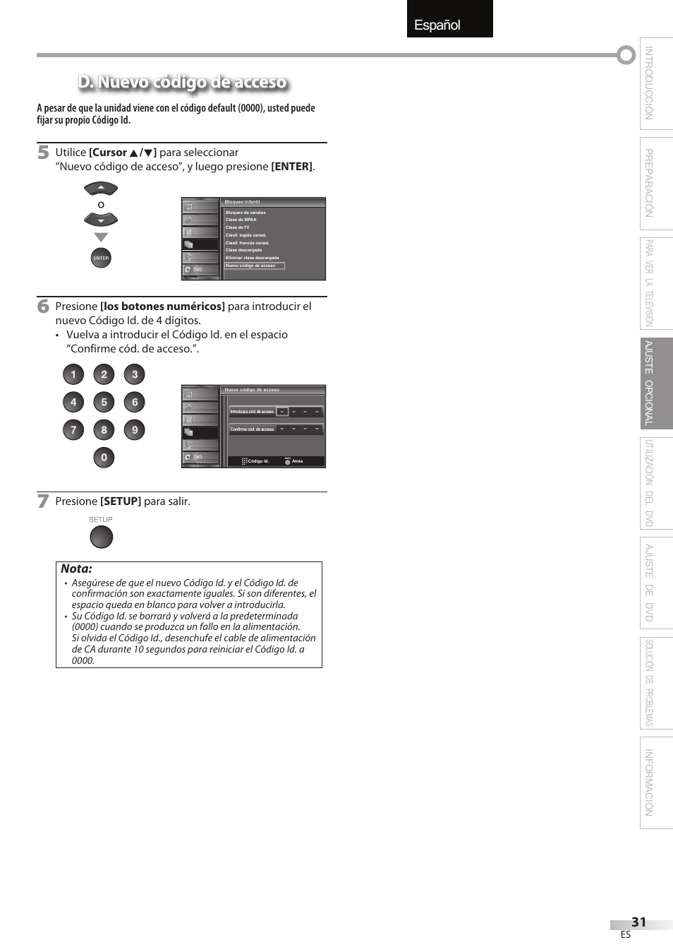 English español français, D. nuevo código de acceso, Nota | Univex LD190SS1 User Manual | Page 143 / 166