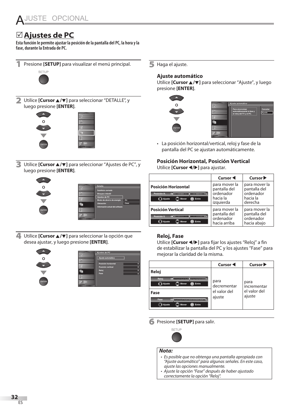 Juste opcional, Ajustes de pc, Ajuste automático | Posición horizontal, posición vertical, Reloj, fase, Nota, Presione [setup] para visualizar el menú principal, Haga el ajuste, Utilice [cursor s / b ] para ajustar, Presione [setup] para salir | Univex LD190SS1 User Manual | Page 144 / 166