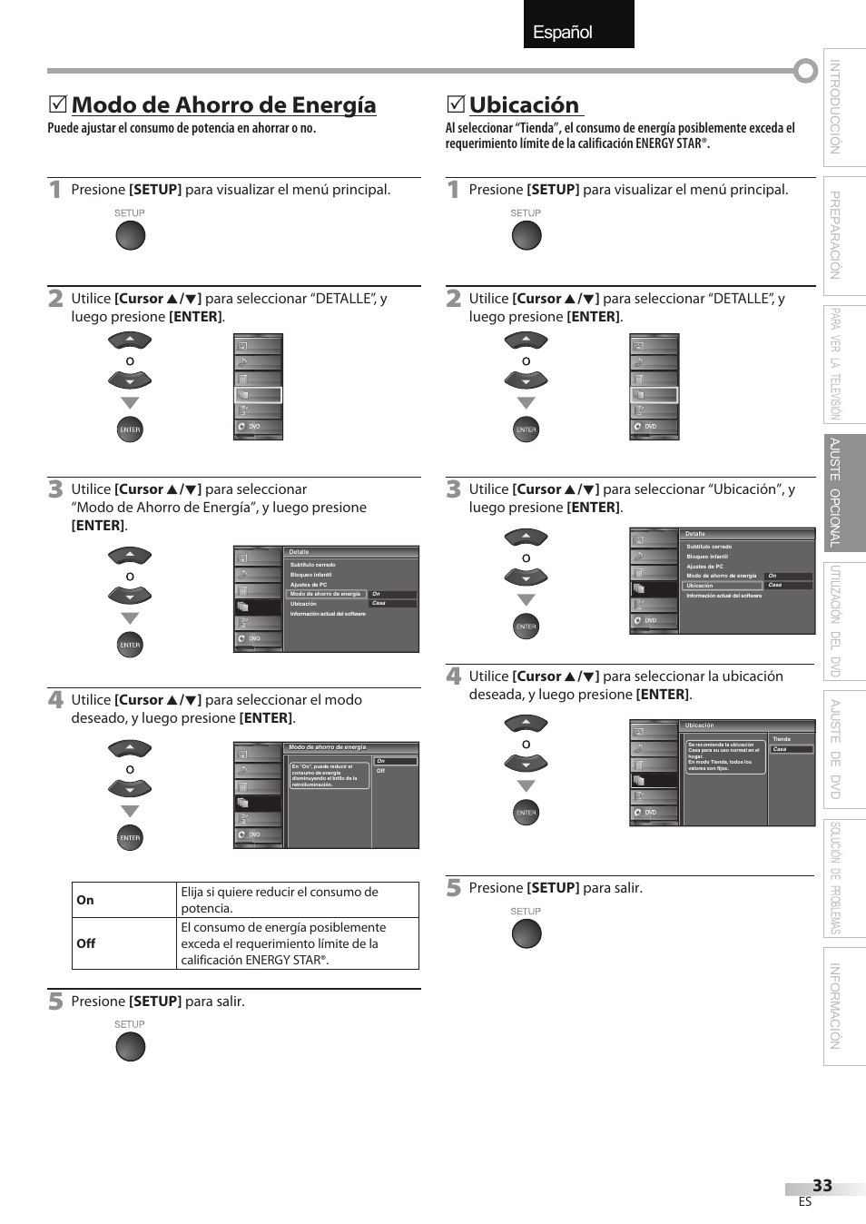 English español français, Modo de ahorro de energía, Ubicación | Univex LD190SS1 User Manual | Page 145 / 166