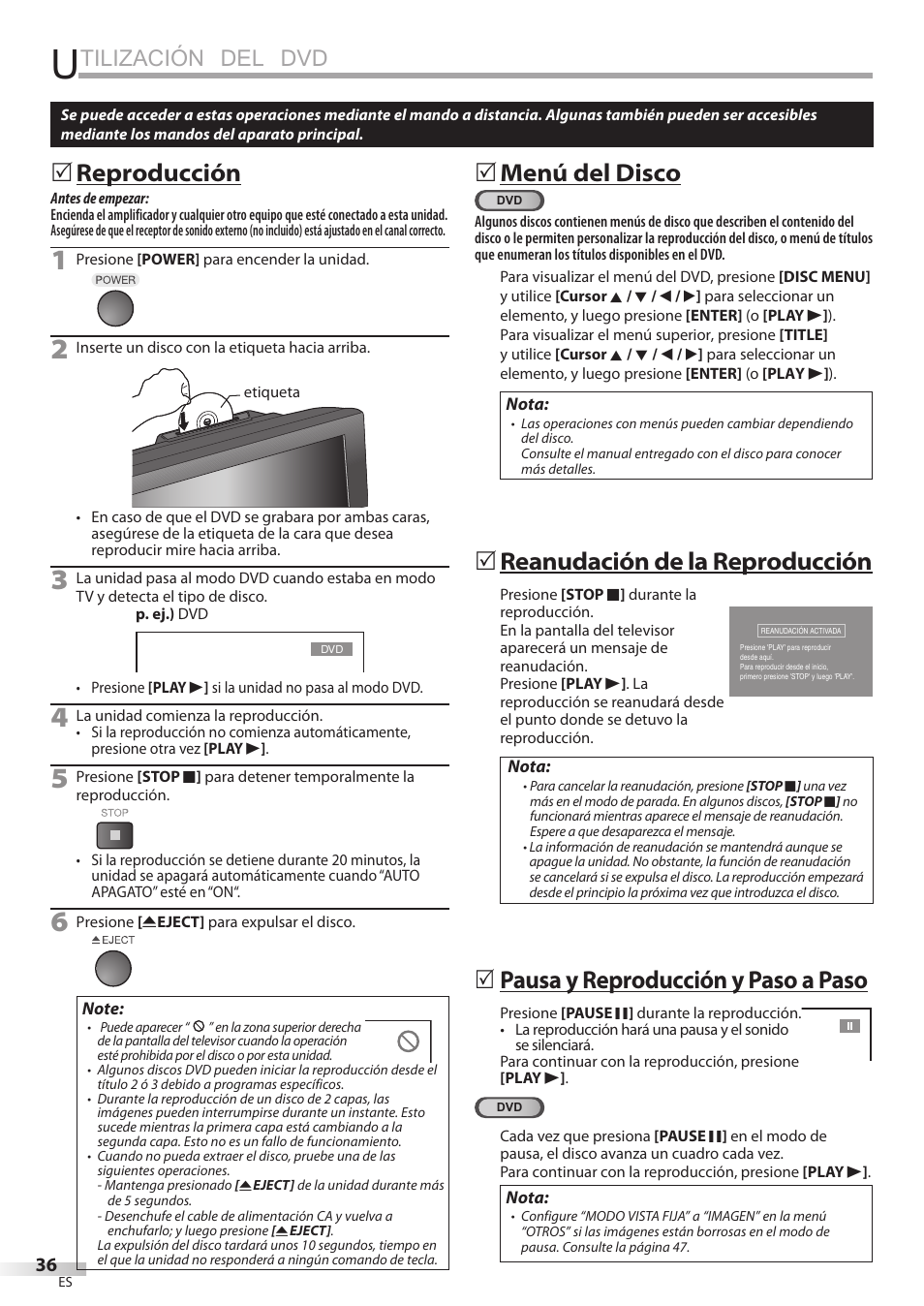 Tilización del dvd, Reproducción, Menú del disco | Reanudación de la reproducción, Pausa y reproducción y paso a paso | Univex LD190SS1 User Manual | Page 148 / 166