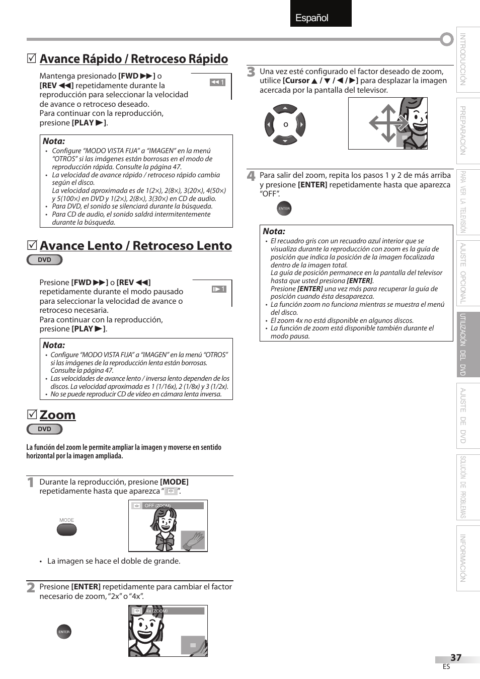 English español français, Avance rápido / retroceso rápido, Avance lento / retroceso lento | Zoom | Univex LD190SS1 User Manual | Page 149 / 166