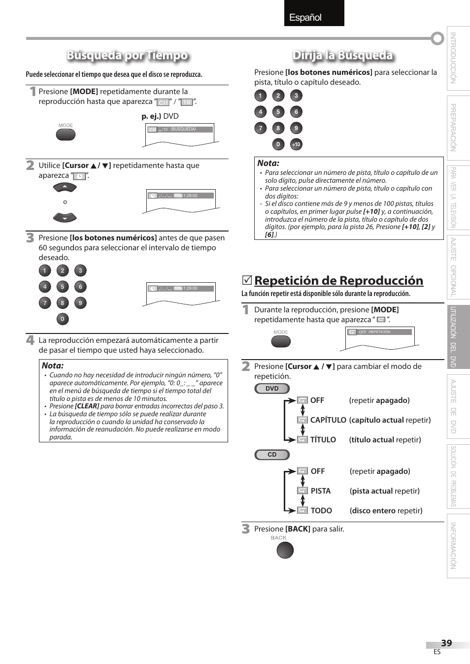 English español français, Búsqueda por tiempo, Dirija la búsqueda | Repetición de reproducción | Univex LD190SS1 User Manual | Page 151 / 166