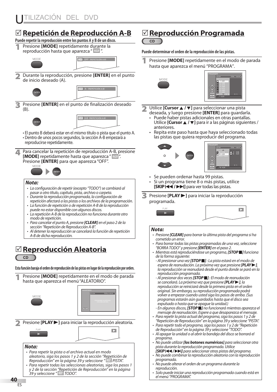 Tilización del dvd, Repetición de reproducción a-b, Reproducción aleatoria | Reproducción programada, Nota | Univex LD190SS1 User Manual | Page 152 / 166
