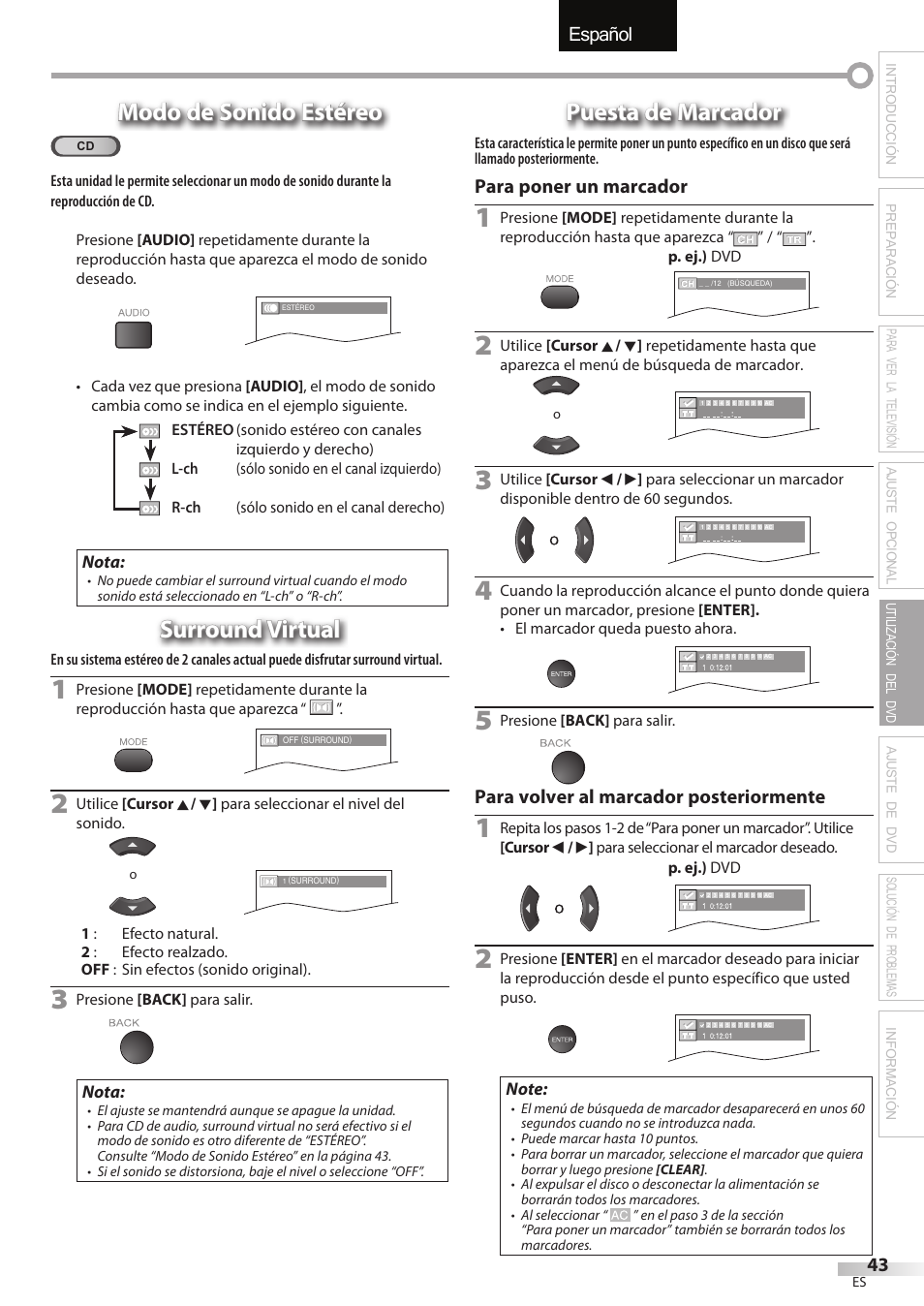 English español français, Modo de sonido estéreo, Surround virtual | Puesta de marcador | Univex LD190SS1 User Manual | Page 155 / 166