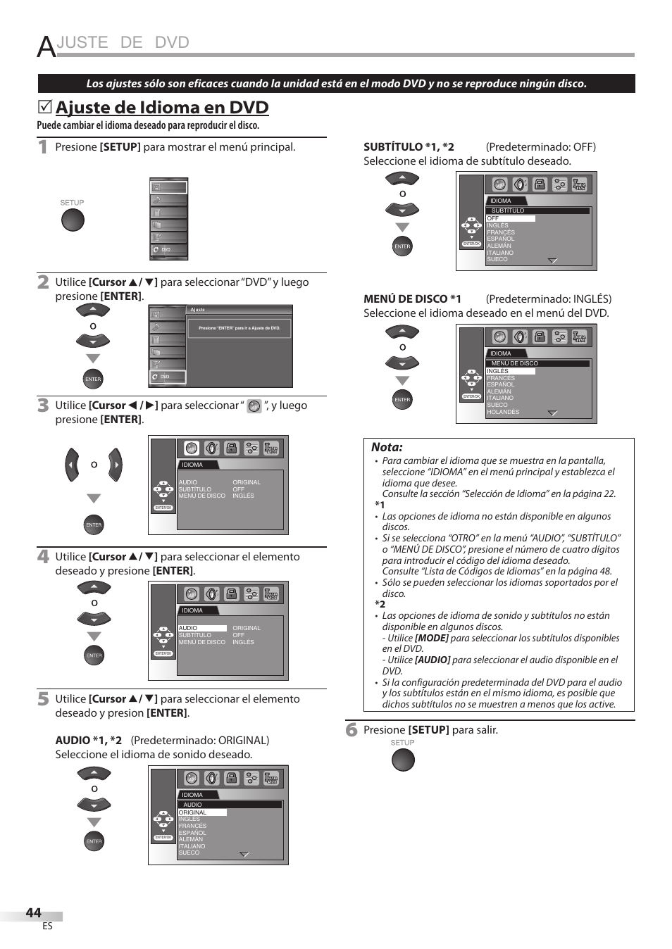 Juste de dvd, Ajuste de idioma en dvd, Nota | Univex LD190SS1 User Manual | Page 156 / 166