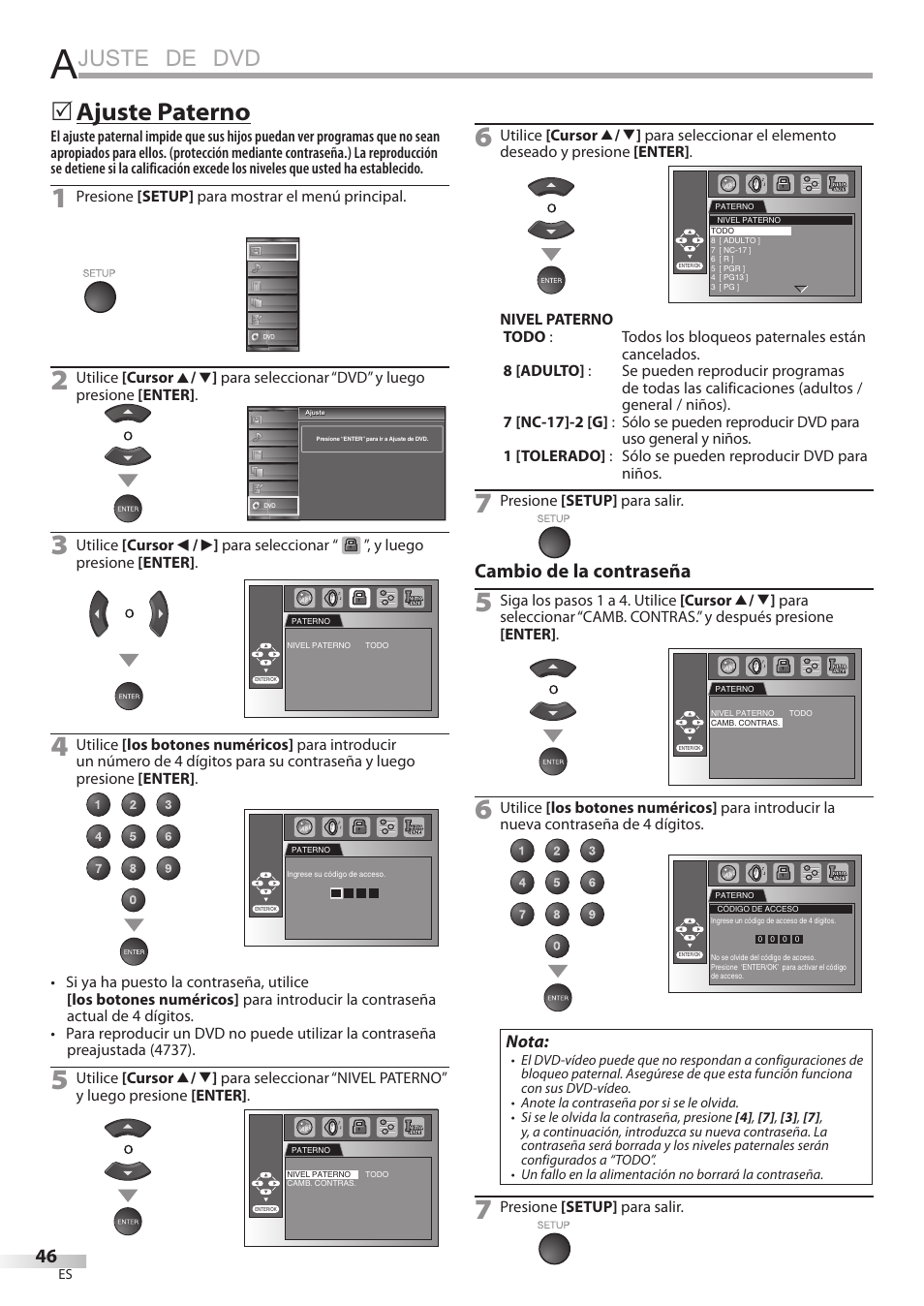 Juste de dvd, Ajuste paterno, Cambio de la contraseña | Nota | Univex LD190SS1 User Manual | Page 158 / 166