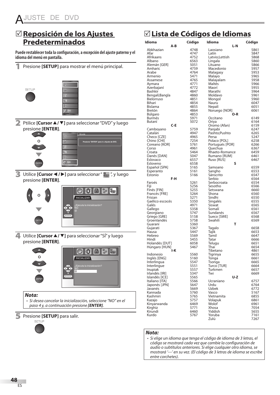 Juste de dvd, Lista de códigos de idiomas, Reposición de los ajustes predeterminados | Nota | Univex LD190SS1 User Manual | Page 160 / 166