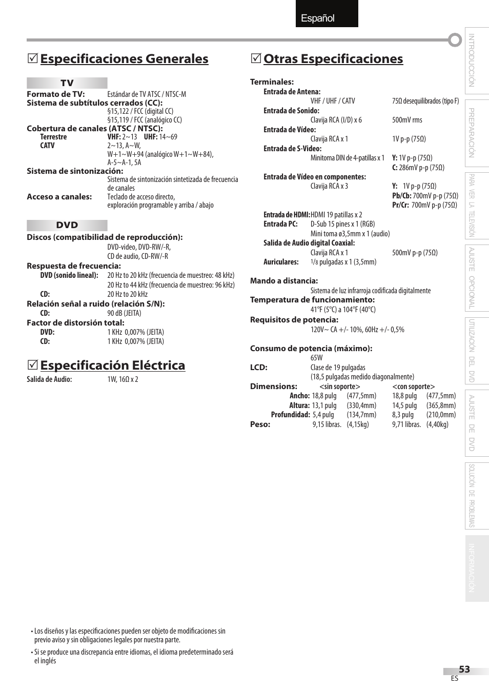 English español français, Especificaciones generales, Especificación eléctrica | Otras especificaciones | Univex LD190SS1 User Manual | Page 165 / 166